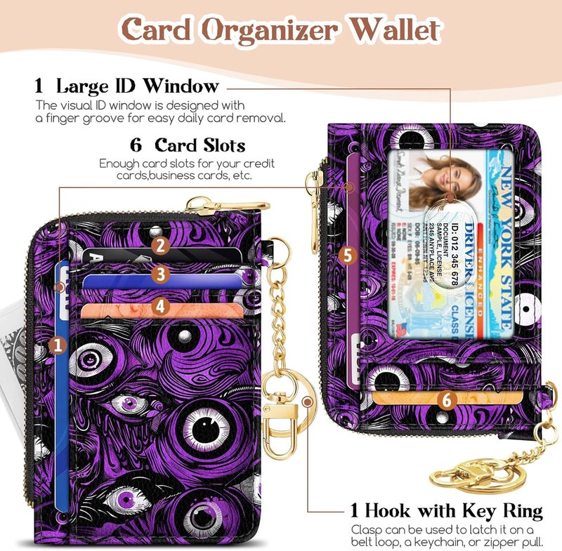 GIANCOMICS Slim Wallet Credit Card Holder Women, Evil Eye Rfid Blocking Small Card Case, Keychain Thin Pocket Curved Zipper Wallet, Travel Card Holder PU Leather ID Window, Ladies Female Gifts - Image 4